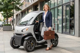 Femme professionnelle sortant d'une voiture sans permis électrique devant un immeuble de bureaux moderne en ville