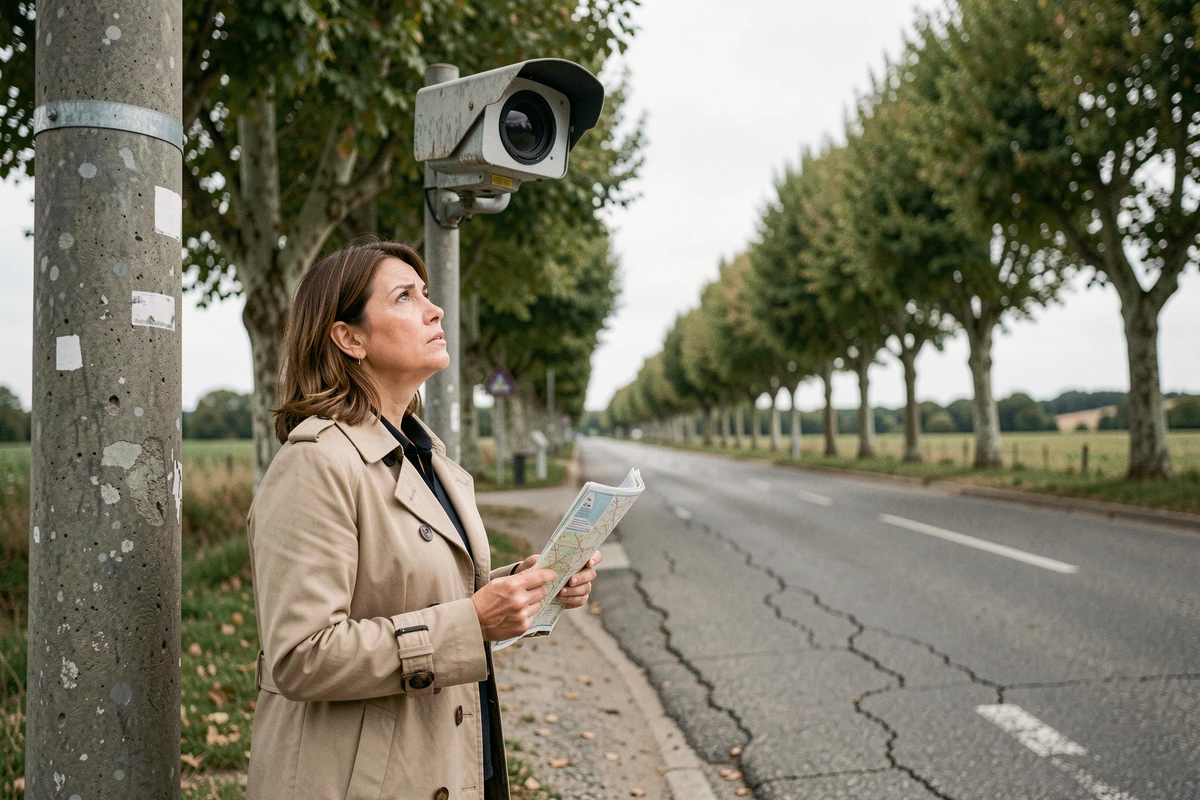 Femme observant un radar fixe au bord d'une route de campagne française, questionnant la légalité de leur signalement