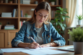 Femme remplissant formulaire de permis de conduire à la maison