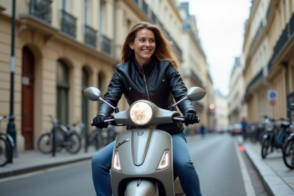 Femme souriante en moto scooter à Paris