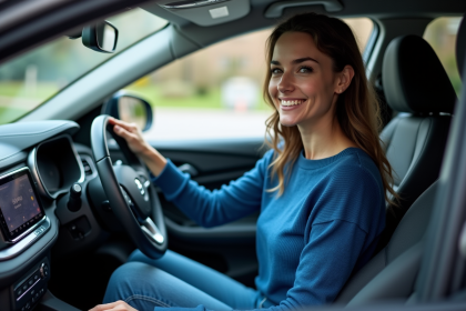 Femme en voiture utilisant l'écran tactile du tableau de bord