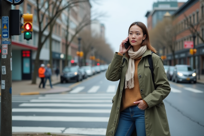 Femme urbaine au téléphone près d'un feu de circulation éteint