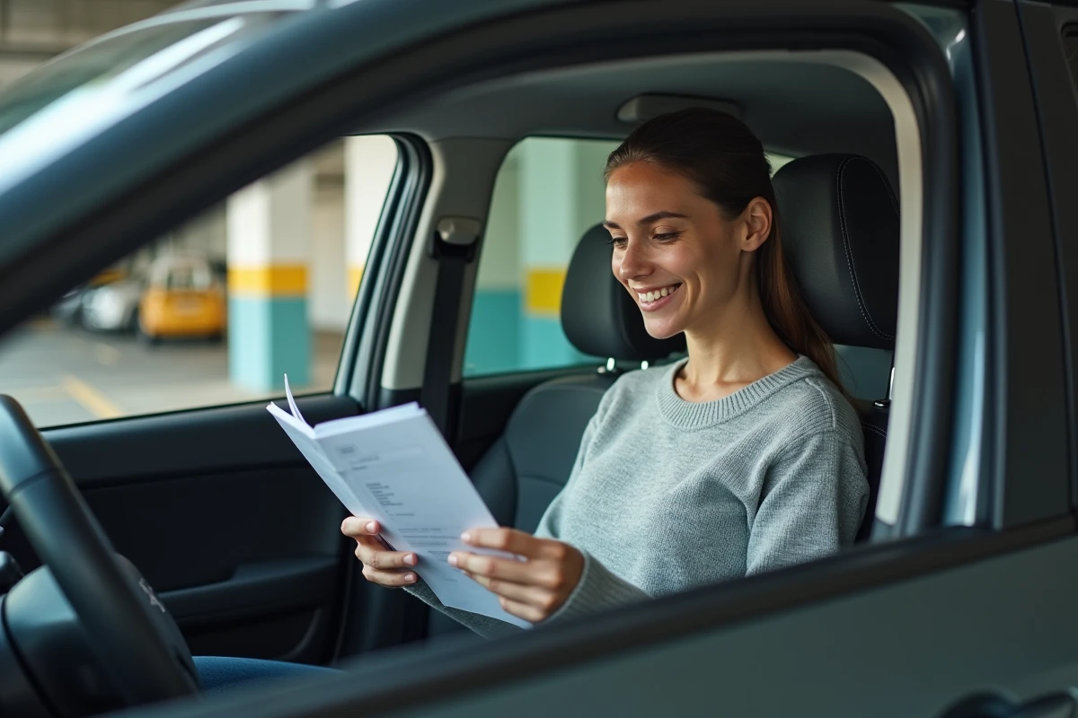 Jeune femme consulte ses documents dans une voiture en parking