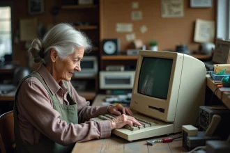 Femme âgée polissant un ordinateur vintage des années 90