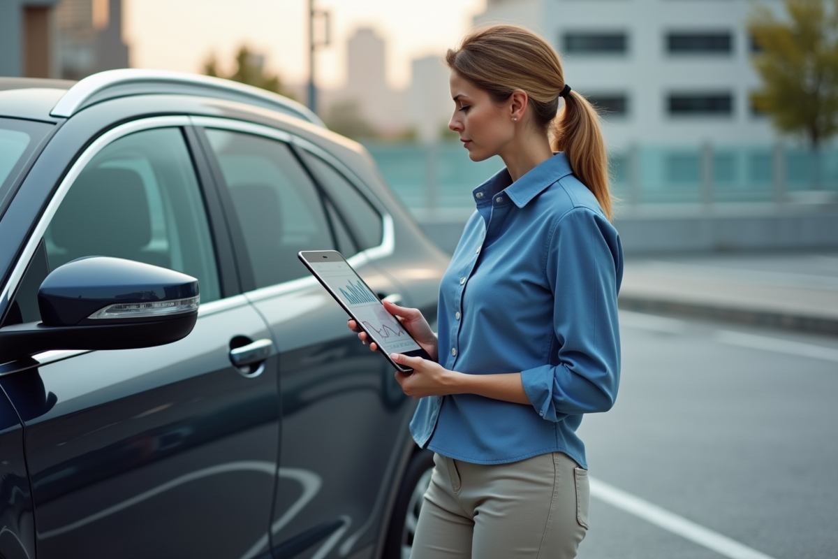 Femme avec tablette analyse bilan financier voiture