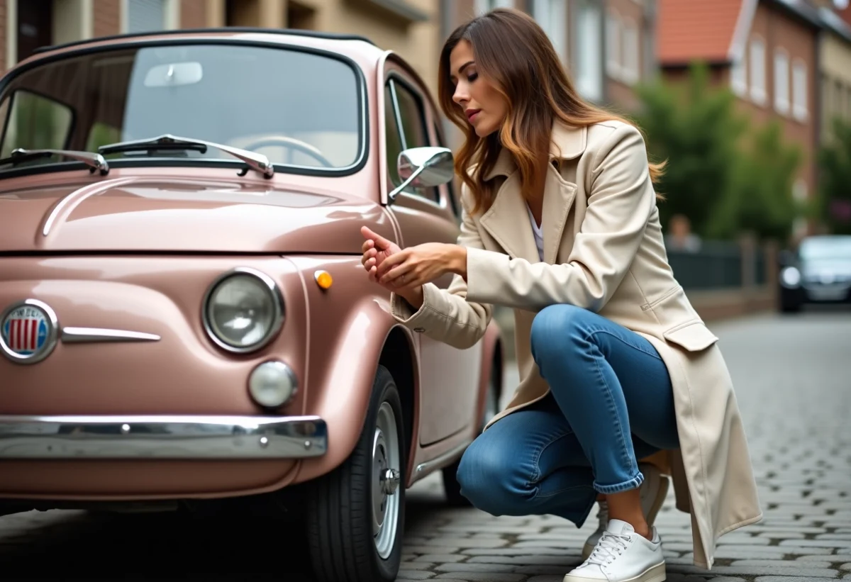 Femme en trench examine une Fiat 500 rose gold en ville