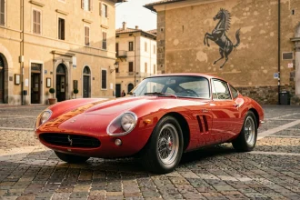 Ferrari 250 GTO rouge rosso corsa sur les pavés de Maranello, emblème cheval cabré en arrière-plan, évoquant les origines historiques de la marque Ferrari