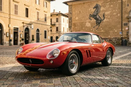 Ferrari 250 GTO rouge rosso corsa sur les pavés de Maranello, emblème cheval cabré en arrière-plan, évoquant les origines historiques de la marque Ferrari