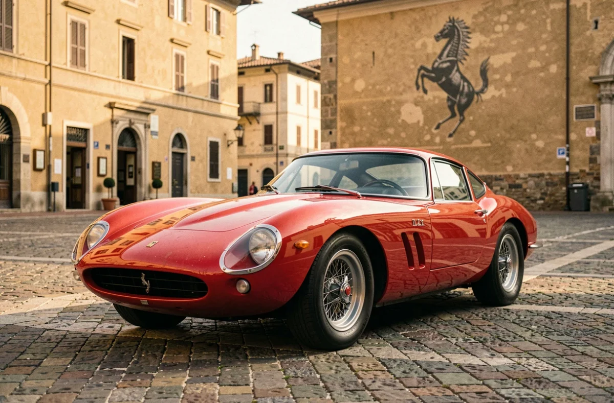 Ferrari 250 GTO rouge rosso corsa sur les pavés de Maranello, emblème cheval cabré en arrière-plan, évoquant les origines historiques de la marque Ferrari
