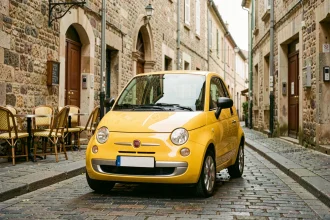 Fiat Topolino jaune garée dans une rue pavée d'une ville française, illustrant le budget mensuel d'un véhicule électrique urbain compact