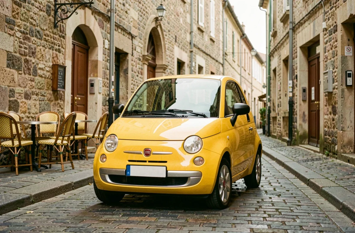 Fiat Topolino jaune garée dans une rue pavée d'une ville française, illustrant le budget mensuel d'un véhicule électrique urbain compact