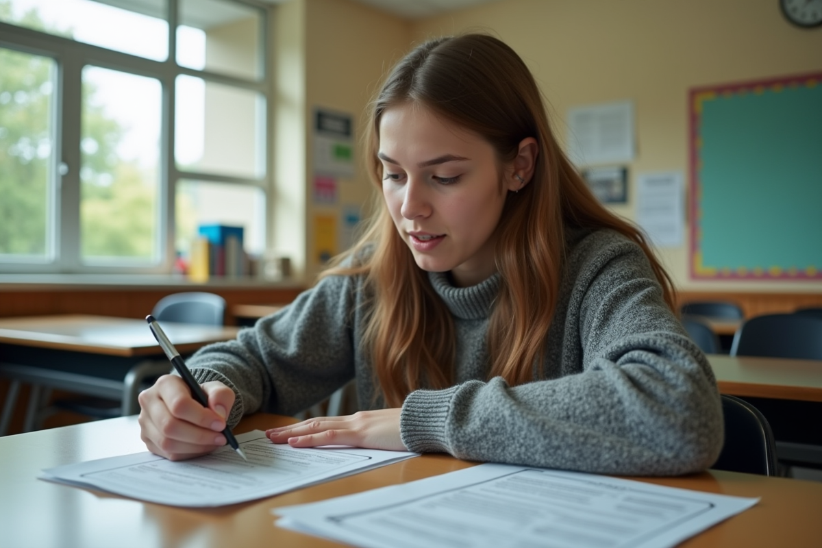 Jeune femme remplissant un formulaire de permis moto en classe