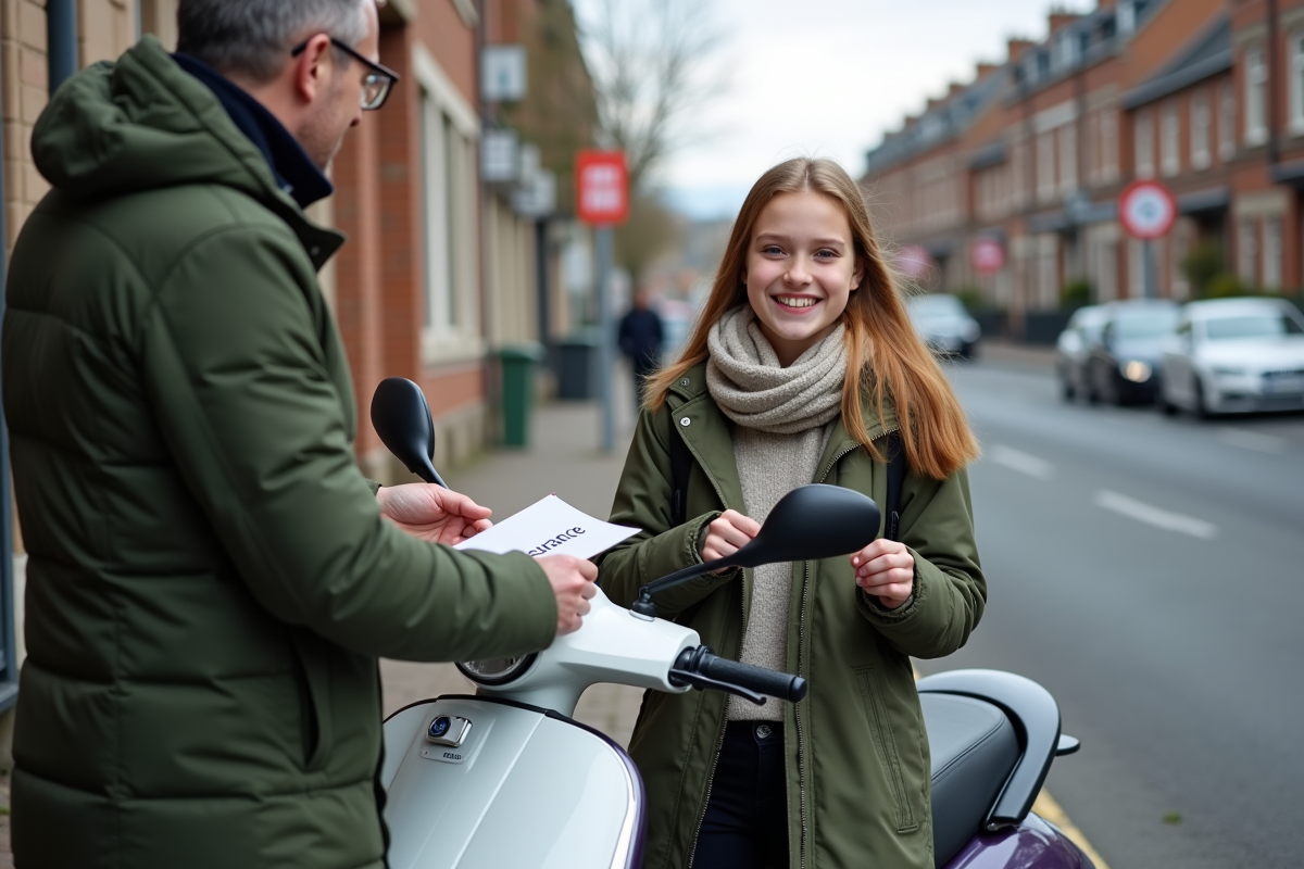 Fille souriante avec scooter et document assurance