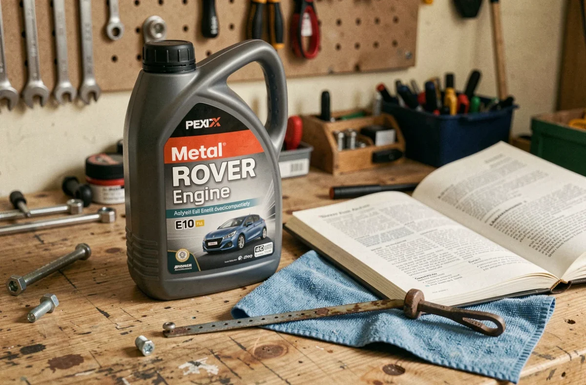 Flacon d'huile moteur essence compatible E10 posé sur un établi de garage à côté du manuel du propriétaire d'une Peugeot 208