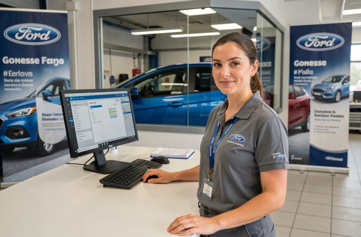 Conseillère de service Ford Del Auto à Gonesse accueillant un client au comptoir de réception
