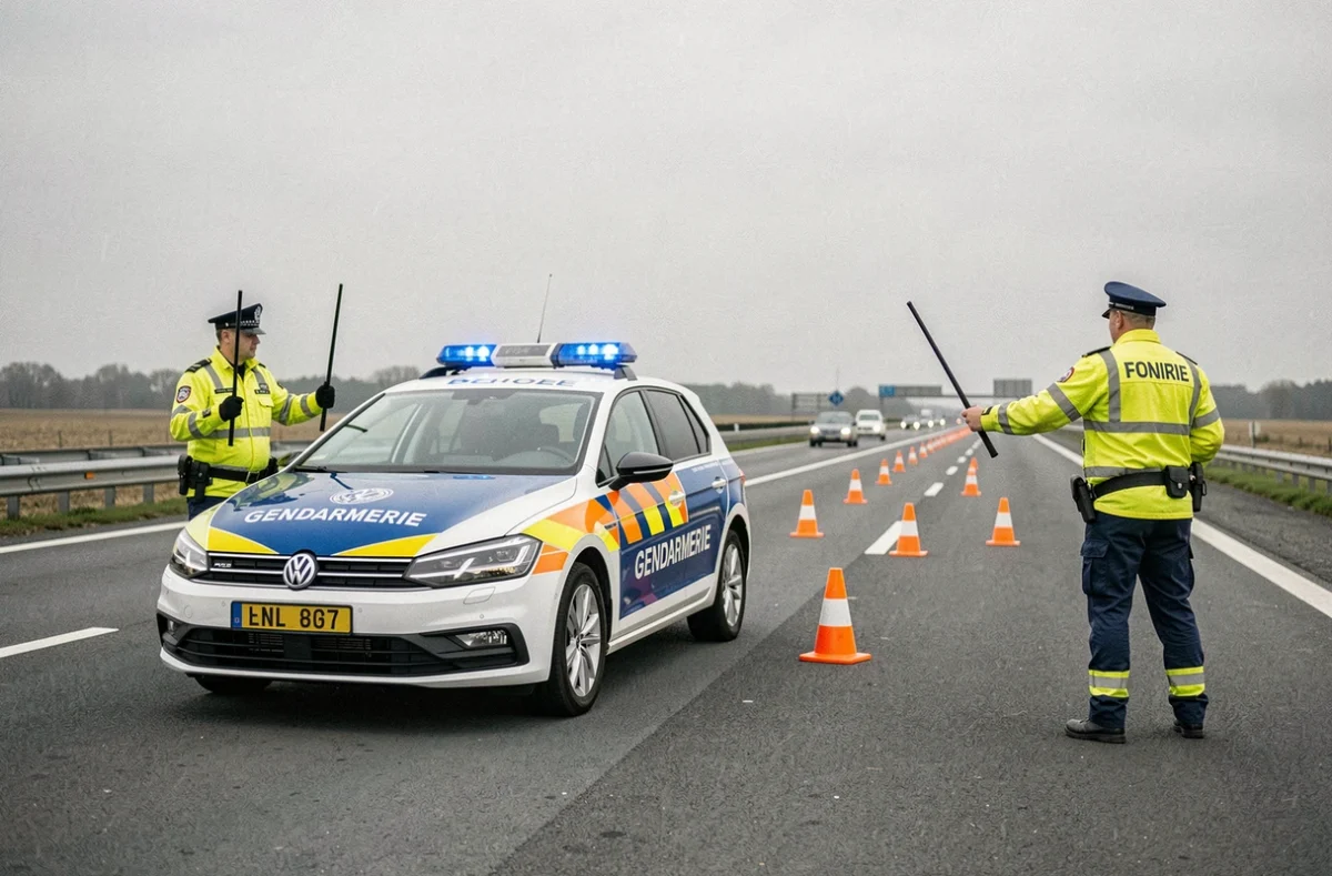 Gendarmes français bloquant une voie d'autoroute avec leur véhicule suite à un accident sur l'A1 dans le nord