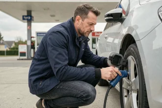Homme utilisant un gonfleur de pneu portable à une station-service, avec sa voiture garée à côté