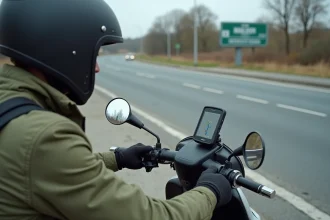 Motard en scooter vérifiant son GPS monté sur guidon lors d'un arrêt en bord de route, illustrant l'autonomie réelle d'un GPS sur deux-roues