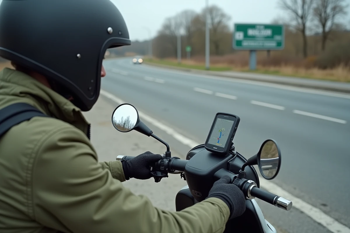 Motard en scooter vérifiant son GPS monté sur guidon lors d'un arrêt en bord de route, illustrant l'autonomie réelle d'un GPS sur deux-roues