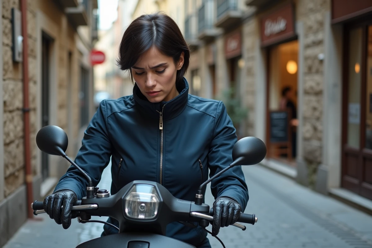 Femme en scooter rechargeant son GPS via le port USB du scooter dans une ruelle pavée, problème d'autonomie de batterie GPS illustré