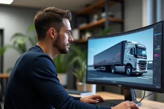Graphiste professionnel travaillant sur un logo vectoriel de camion dans un logiciel d'illustration sur grand écran incurvé