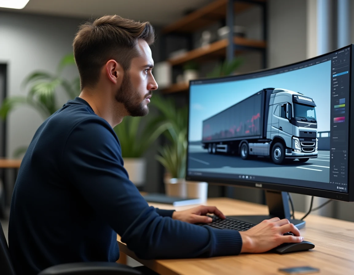 Graphiste professionnel travaillant sur un logo vectoriel de camion dans un logiciel d'illustration sur grand écran incurvé