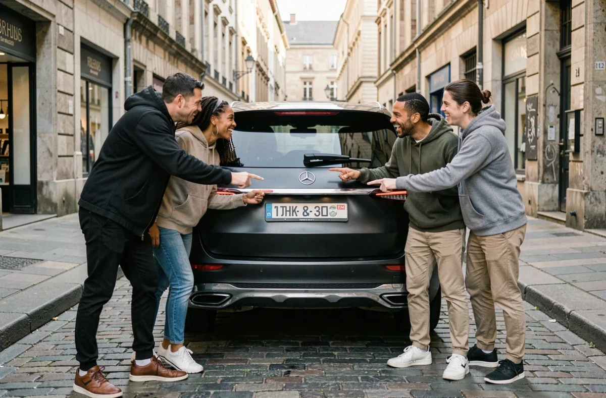 Groupe de personnes discutant du sigle d'un SUV de luxe dans une rue pavée européenne
