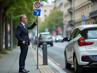 Homme d'affaires regardant une signalisation de stationnement en ville