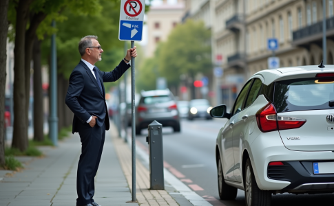 Homme d'affaires regardant une signalisation de stationnement en ville