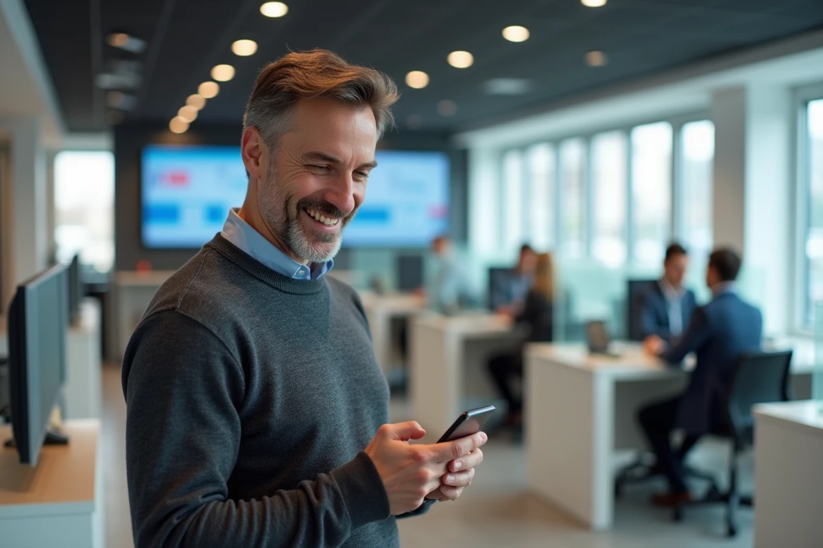 Homme souriant utilisant son smartphone dans une agence d