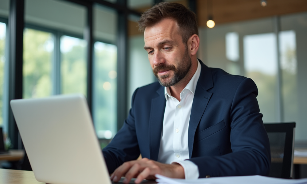 Homme d'affaires calcule ses taxes auto au bureau