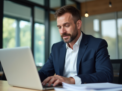 Homme d'affaires calcule ses taxes auto au bureau