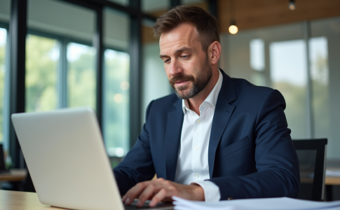 Homme d'affaires calcule ses taxes auto au bureau