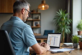 Homme d'âge moyen étudiant un calculateur électrique à domicile