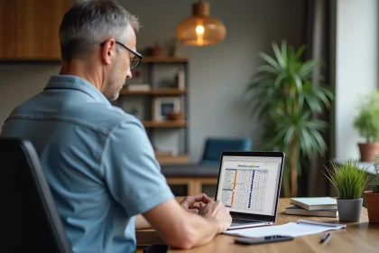 Homme d'âge moyen étudiant un calculateur électrique à domicile