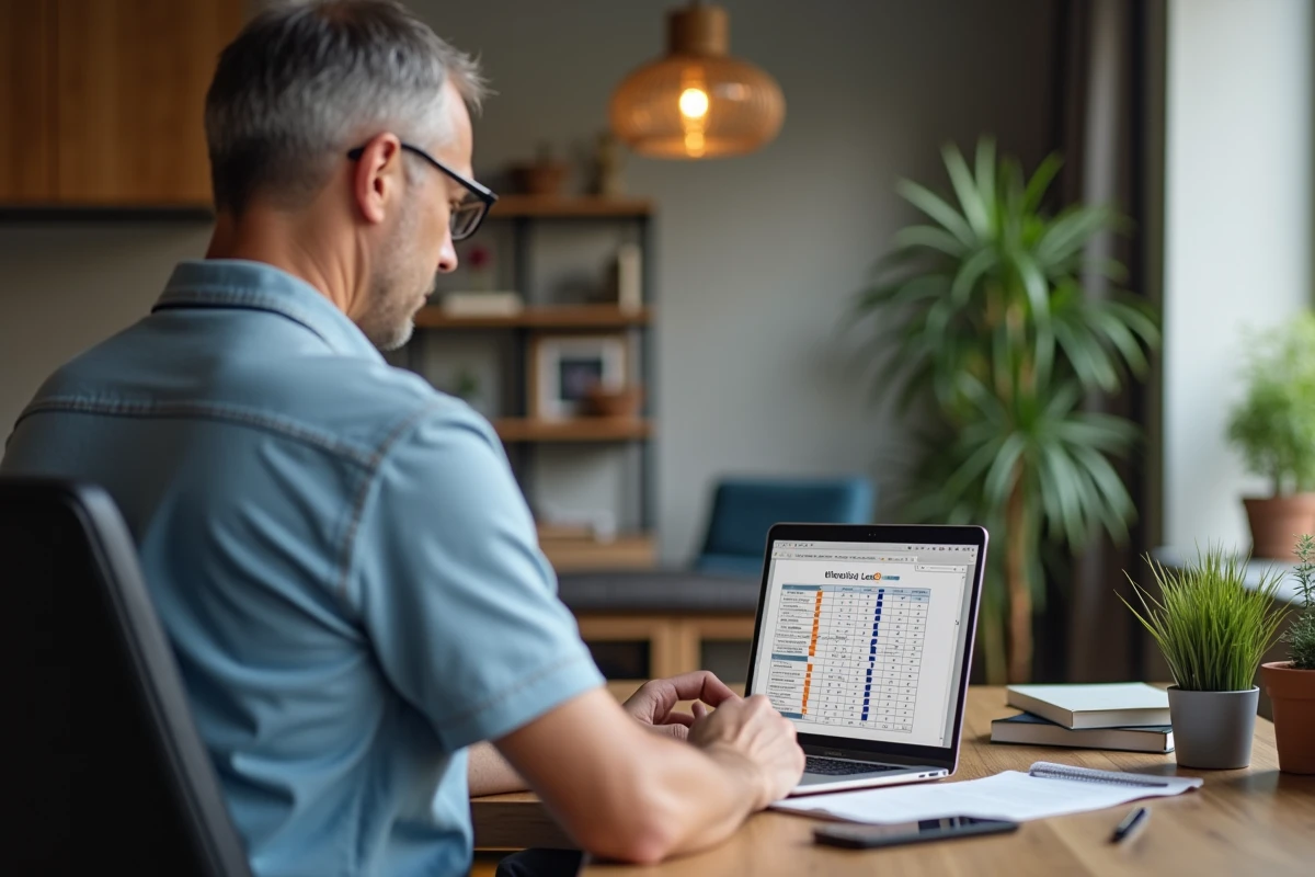Homme d'âge moyen étudiant un calculateur électrique à domicile