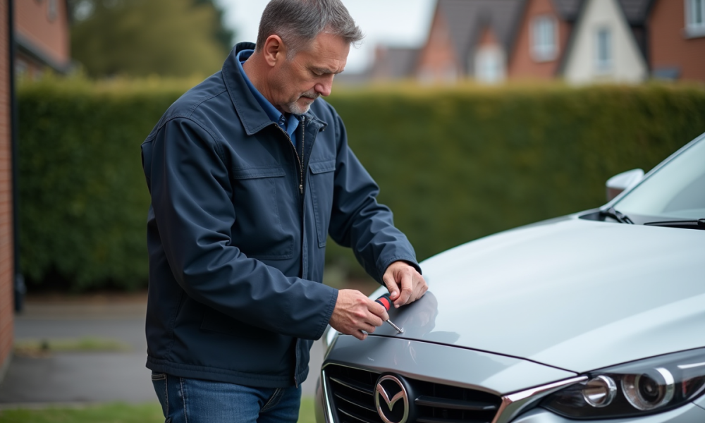 Homme en veste bleue fixant une plaque d'immatriculation