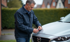 Homme en veste bleue fixant une plaque d'immatriculation