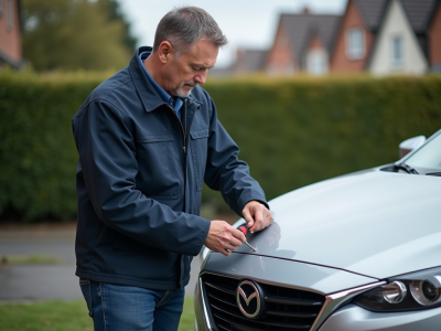 Homme en veste bleue fixant une plaque d'immatriculation