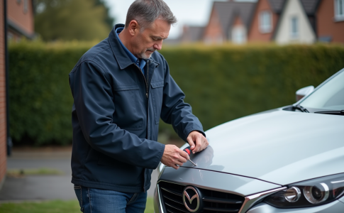 Homme en veste bleue fixant une plaque d'immatriculation