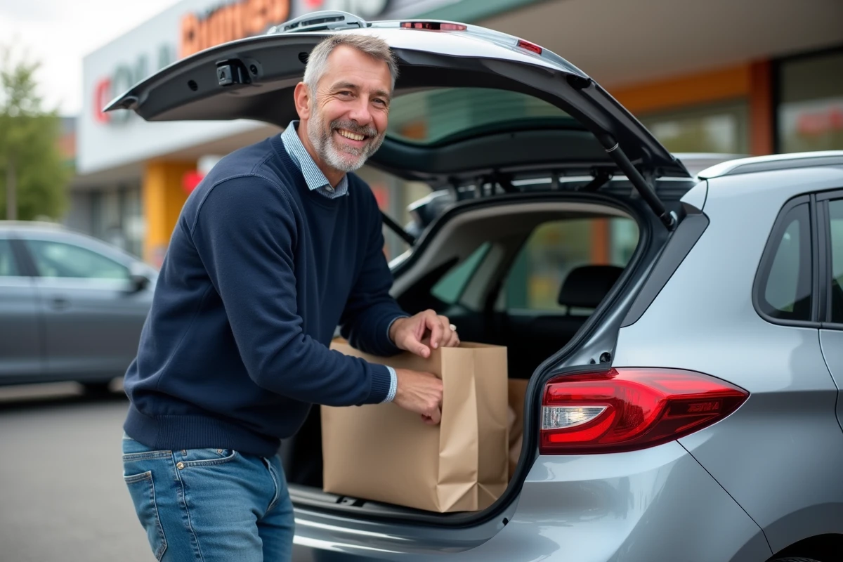 Homme chargeant des courses dans une voiture en banlieue