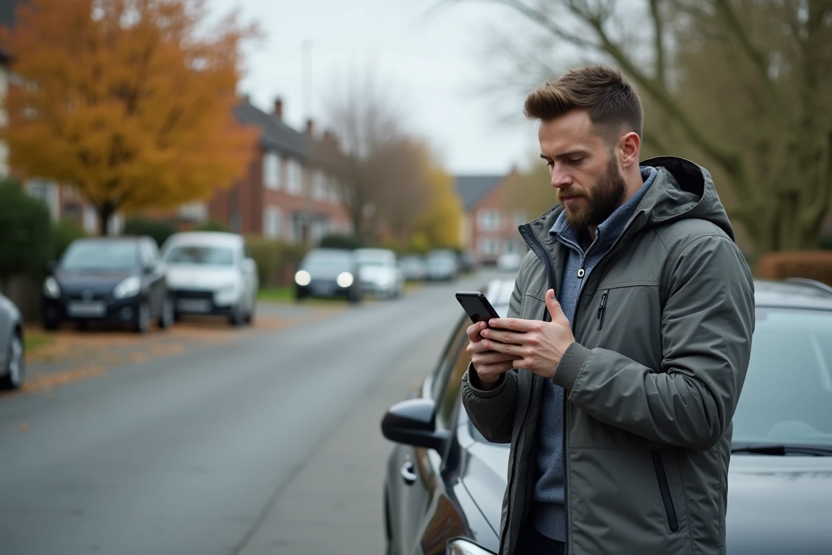 Homme consultant une application de comparaison d'assurance auto sur smartphone près de sa voiture dans une rue résidentielle