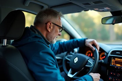 Homme d age moyen dans une Renault Clio regardant le tableau de bord