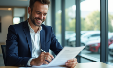 Homme souriant en costume bleu lisant un contrat de location voiture