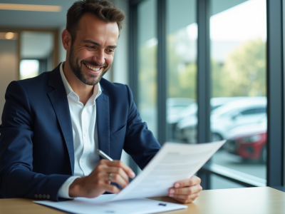 Homme souriant en costume bleu lisant un contrat de location voiture