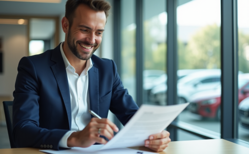 Homme souriant en costume bleu lisant un contrat de location voiture