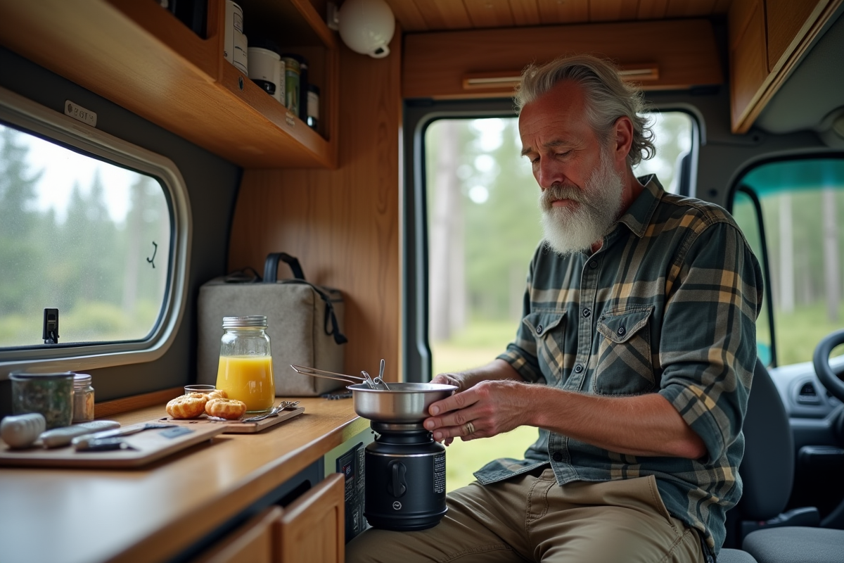 Homme préparant petit déjeuner dans un van