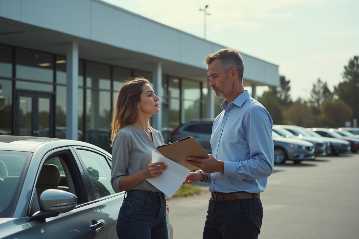Homme discute assurance avec vendeuse devant voiture