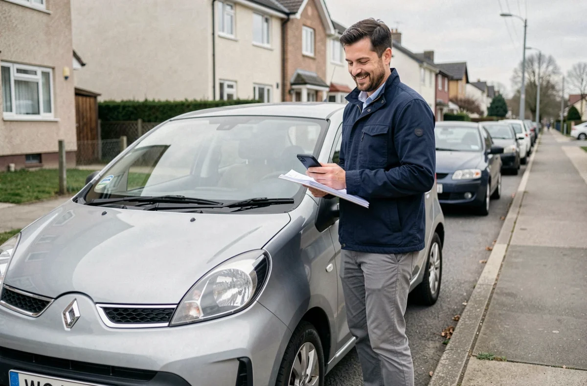 Homme tenant des documents de financement auto debout près d'une petite voiture en ville, concept de leasing sans apport