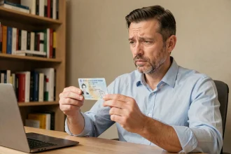 Homme adulte examinant attentivement sa carte d'identité française pour retrouver le numéro de formule